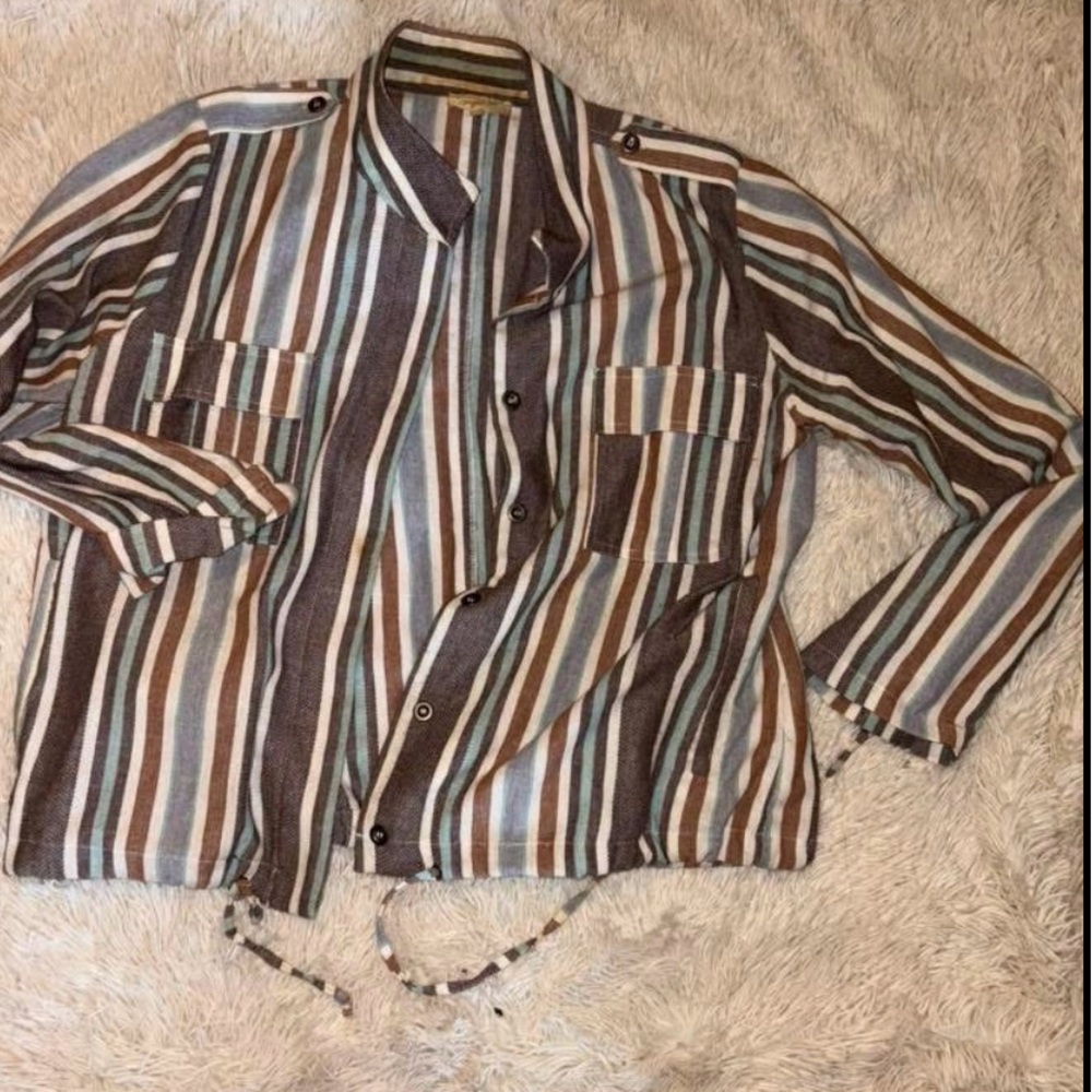 Striped Button-Up Shirt Jacket in Brown, Blue & Cream
